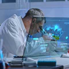 Lab worker looking at sample in microscope, unknown matter analysis on holographic screen