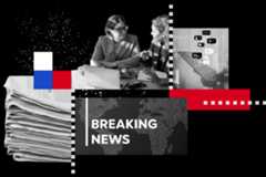 Collage of news elements: two women discussing at a table with a laptop, a stack of newspapers, Breaking News text on a dotted world map background, and a blurred person using a phone with notification bubbles. Red, blue, and black accents throughout.