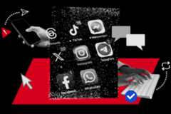 A collage features a hand holding a phone with app icons like Instagram, Facebook, TikTok, Threads, Messenger, Telegram, and WhatsApp. Another hand types on a keyboard. Speech bubbles and arrows convey online abuse discussions and highlight digital safety concerns.