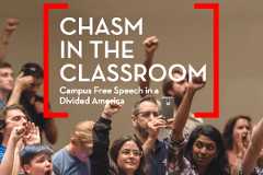 A group of diverse students in a classroom, some with raised fists, actively participate in a discussion on campus free speech. Text on the image reads, Chasm in the Classroom: Campus Free Speech in a Divided America.