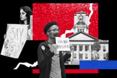 A young person stands with tape over their mouth, holding a Silence = Death in Florida sign—highlighting educational censorship. Another holds a Say Gay sign. The bold red and blue background features the Florida Capitol building.