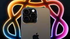 Smartphone with three camera lenses in front of a colorful, abstract neon backdrop.