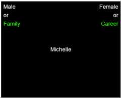 [a black box in the center is the word 'Michelle' in white, on the top left are the words 'Male or [in white]  Family [in green]', on the top right are the words 'Female or [in white] Career [in green]']