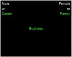 [a black box in the center is the word 'Business' in green, on the top left are the words 'Male or [in white]  Career [in green]', on the top right are the words 'Female or [in white] Family [in green]']