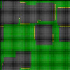 third square, the cells are about half green with 6 large clumps of gray and a few yellow cells adjacent to the gray clumps in places.