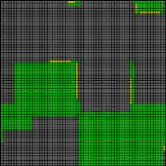 fourth square, more than half the cells are gray with one large clump of green and two very small clumps of green. Again a few yellow cells adjacent to the gray cells in places.