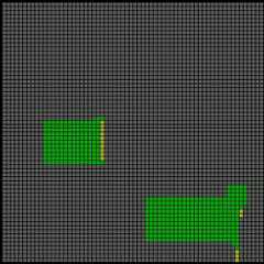 fifth square, two small clumps of green cells with a few yellow cells on the edge.