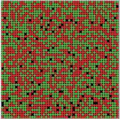 a large grid of red and green circles on a black background (with a few places with no circles), randomly distributed with only a few small clumps of either red or green.