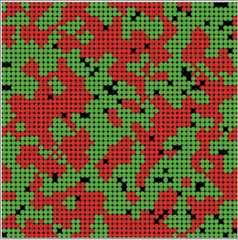 same large grid but now almost all the red or green circles are adjacent to several circles of the same color (large clumps).