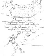 A person is about to throw a spear at a wall of stones floating in the clouds. Above the clouds are two winged figures holding a banner that reads 'Welcome to the edge of the Universe'.