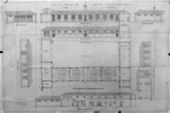 'Plan général des constructions projetées' et élévation des bâtiments, au 1/100e. Document signé et daté A.Filuzeau, le 15 juillet 1885. (A.C. Fontenay-le-Comte, 4 M 5).