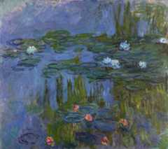 Impressionist painting of waterlilies with pink and blue flowers floating on water.