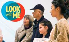 An intergenerational group of people looking in one direction together. A logo that says Look With Me in the top right corner.