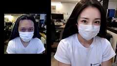 カメラをのぞき込む姿を女性に変換したところ