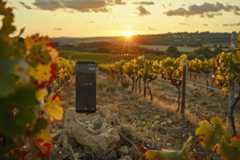 Smartphone posé sur un rocher dans un vignoble au coucher du soleil