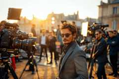 Équipe de tournage avec caméras professionnelles dans une rue urbaine