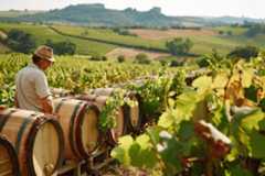 Homme dans un vignoble avec des tonneaux en bois