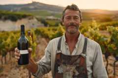 Homme mûr tenant une bouteille de vin dans un vignoble