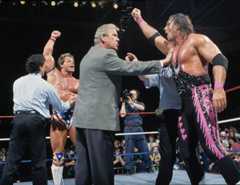 Lex Luger and Bret Hart argue over who won at the 1994 Royal Rumble