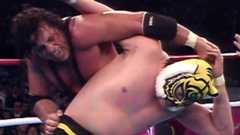 Bret Hart wrestling with a yellow tiger masked opponent in Japan