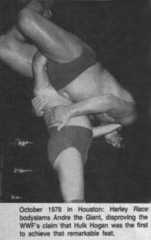 Harley Race body slamming Andre the Giant newspaper photo from October 1878