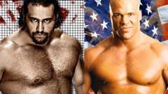 collage of Roman Reigns and Kurt Angle posed headshots