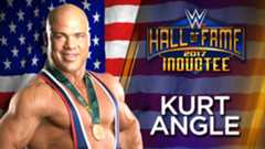 Graphic of Kurt Angle with gold medal on his neck for this Hall of Fame Induction