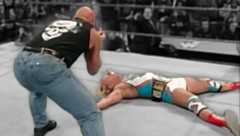 Steve Austin presents a few birds towards a stunned Jeff Jarrett on January 5, 1998’s episode of Raw Is War.