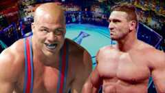 The 1996 Olympic gold medallist and multi-time WWE and TNA world champion Kurt Angle versus "The World's Most Dangerous Man" Ken Shamrock was discussed on several occasions, but unfortunately never came to fruition. Shamrock explains why. [design: JP Zarka / ProWrestlingStories.com]