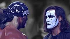Hulk Hogan and Sting face off at WCW Starrcade 1997.