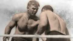 Frank Gotch advancing upon George Hackenschmidt in the rematch at Comiskey Park on September 4th, 1911.