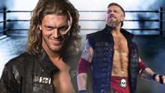 A younger Adam Copeland as the "Rated R Superstar" Edge in WWE and Copeland more recently in All Elite Wrestling.