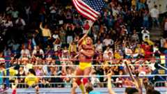 Hulk Hogan celebrates with the American flag after dethroning Iraqi-sympathizer Sgt. Slaughter for the WWF Championship at WrestleMania VII.