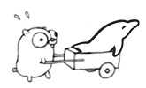 Golang Gopher transporting the MySQL Dolphin in a wheelbarrow Go Gopher and MySQL Dolphin