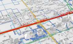 A 3D computer modeled map on a white background visualising traffic data 