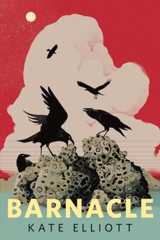 An illustration of black birds picking at a barnacle covered rock against a bright red sky.