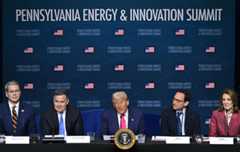 From left, Treasury Secretary Scott Bessent, Pennsylvania Sen. Dave McCormick, President Donald Trump, Blackstone Group CEO Jon Gray and Google executive Ruth Porat are seen at an AI and energy summit in Pittsburgh on Tuesday. (Andrew Caballero-Reynolds/AFP via Getty Images)