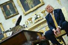 President Donald Trump talks to reporters Wednesday during a meeting in the Oval Office with Bahraini Crown Prince Salman bin Hamad Al Khalifa. (Andrew Caballero-Reynolds/AFP via Getty Images)