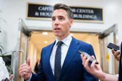 Missouri Sen. Josh Hawley speaks to reporters at the Capitol on July 25. (Tom Williams/CQ Roll Call)