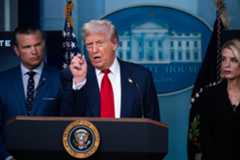President Donald Trump conducts a news conference in the White House briefing room on Monday.