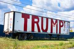 A sign of support for President Donald Trump is seen on the side of a semi-trailer in East Palestine, Ohio, on Aug. 27. (Tom Williams/CQ Roll Call)