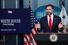 Vice President JD Vance speaks during a news briefing at the White House on Wednesday. (Alex Wong/Getty Images)