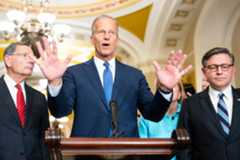 Senate Majority Leader John Thune, R-S.D., flanked by Sen. John Barrasso, R-Wyo., Sen. Shelley Moore Capito, R-W.Va., and House Speaker Mike Johnson, R-La., speaks to reporters in the Capitol on Tuesday. (Bill Clark/CQ Roll Call)
