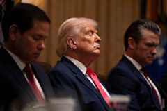 President Donald Trump closes his eyes during a Cabinet meeting at the White House on Tuesday. (Carolyn Van Houten/The Washington Post via Getty Images)