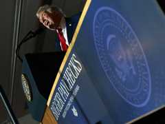 President Donald Trump delivers remarks on the economy at Mount Airy Casino Resort in Mount Pocono, Pa., on Tuesday evening. (Andrew Caballero-Reynolds / AFP via Getty Images)