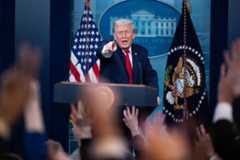 President Donald Trump speaks to reporters Tuesday in the White House briefing room. (Tom Williams/CQ Roll Call)