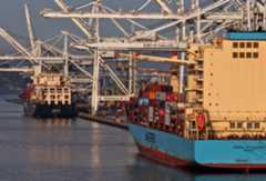 In an aerial view, container ships are seen docked at the Port of Oakland in California on Jan. 28.