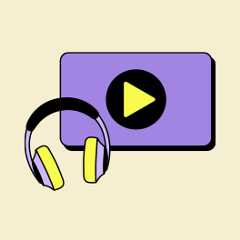 An image representing a TV screen, a headset and a remote control.