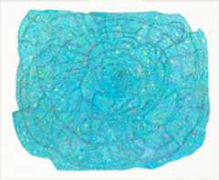 Light blue circle shaped painting with small multi colors throughout.
