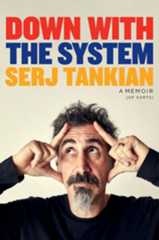 A book cover depicting Serj, an Armenian man with a goatee, looking up while pressing his fingers to his forehead. Above him, the title of the book and his name are displaced in a stripe of red, dark blue, and yellow, like the Armenian flag.